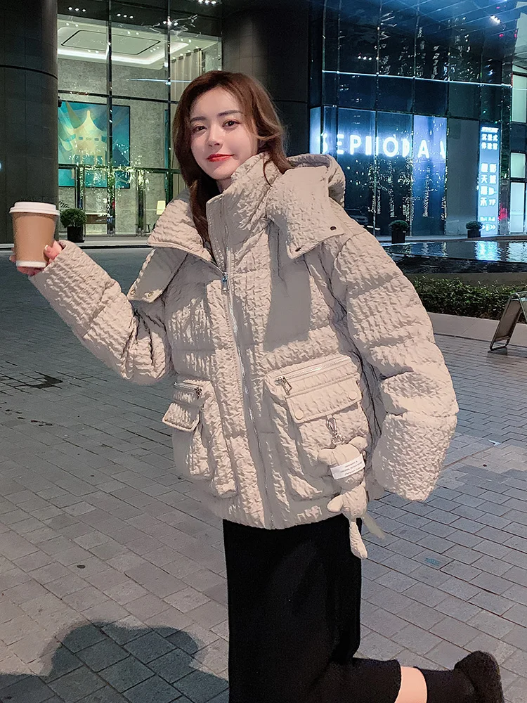 Doudoune courte Beige en duvet de canard blanc pour femme, manteau à capuche, ample et épais, nouvelle collection hiver