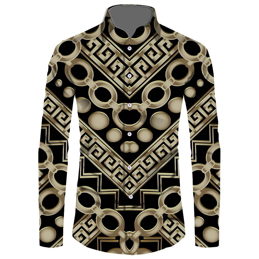 

1 MOQ Custom Made Long Sleeve Shirt Men Top Black Gold Baroque Tees Grey Rococo Vintage Printed Shirt Shirts Men Clothing