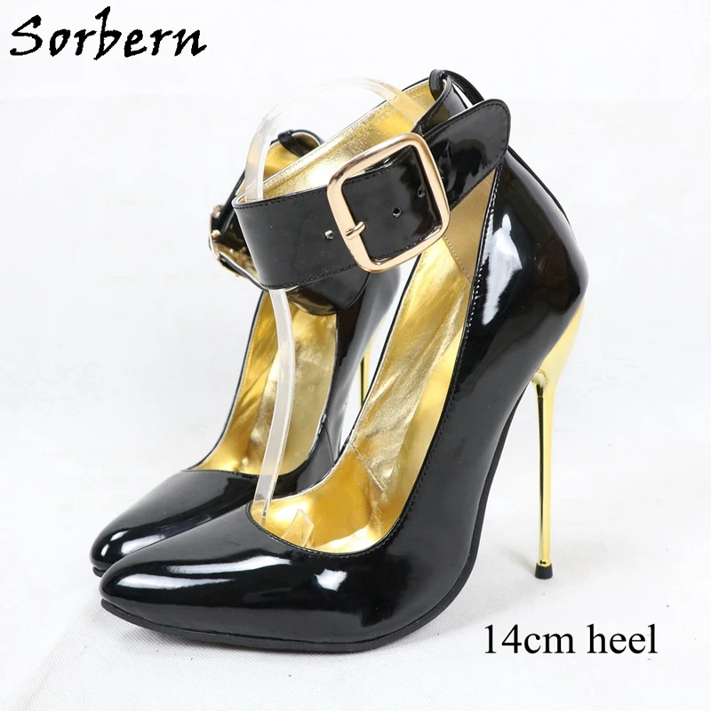 Sorbern Women Pumps Wide Ankle Straps Pointed Toe 12Cm 14Cm Stilettos Metal High Heels Womens Shoes Heel Size 10