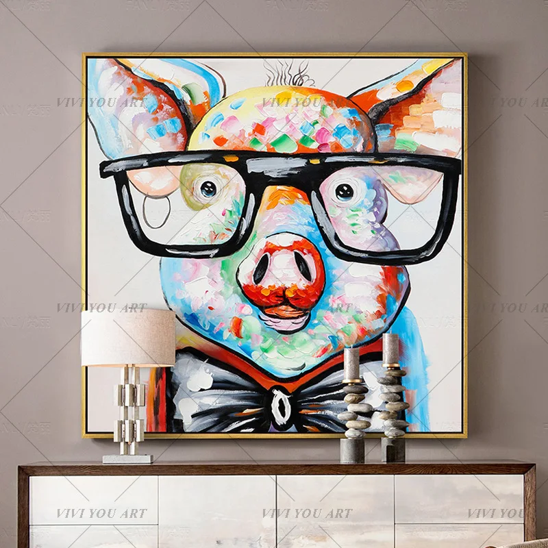 Hand-Painted Impasto Oil Painting, Palette Knife Colorful Pig with Glasses Portrait, Pop Art Animal Textured Canvas Wall Decor
