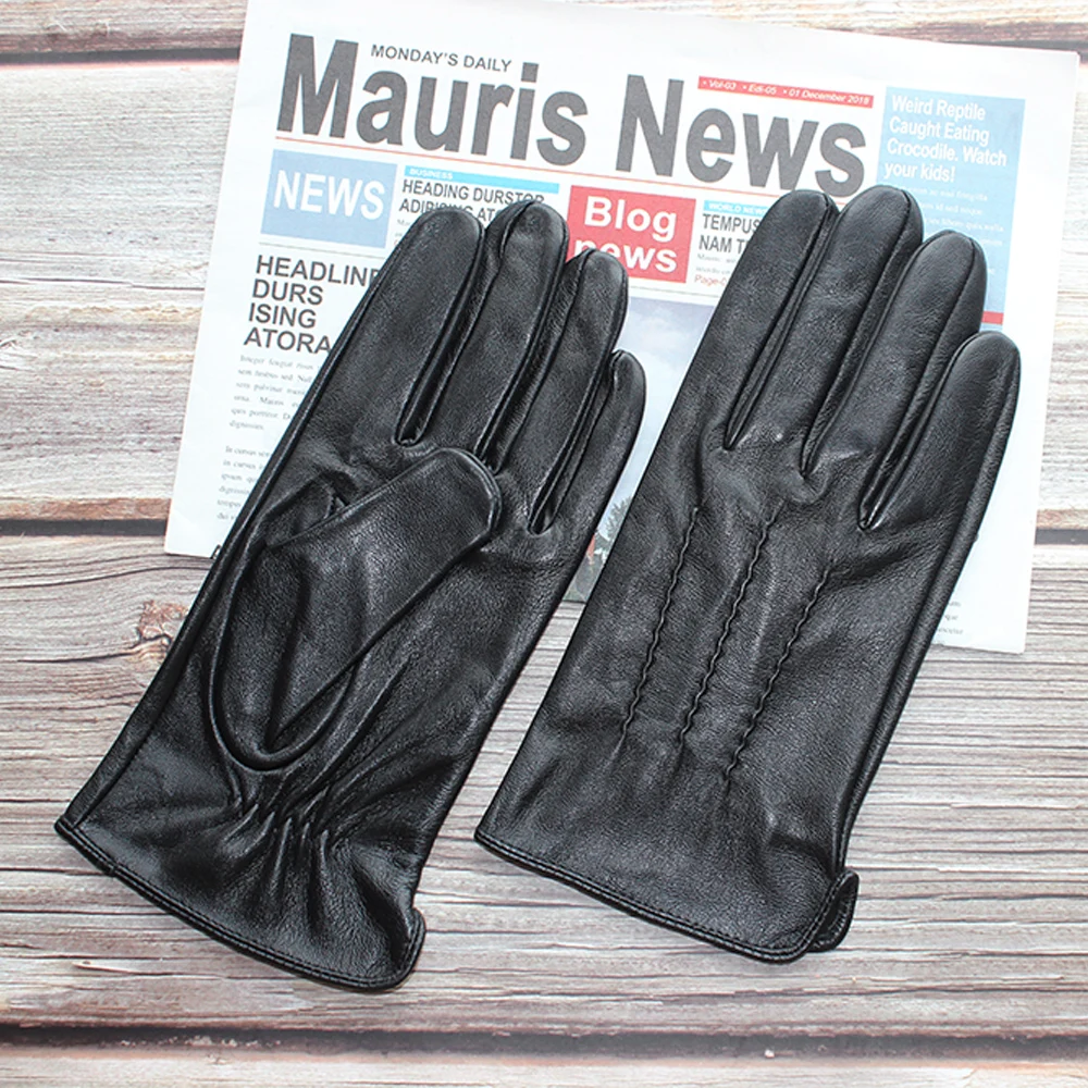 Touch screen sheepskin gloves men\'s leather fashion black single leather without lining high quality goatskin driving gloves