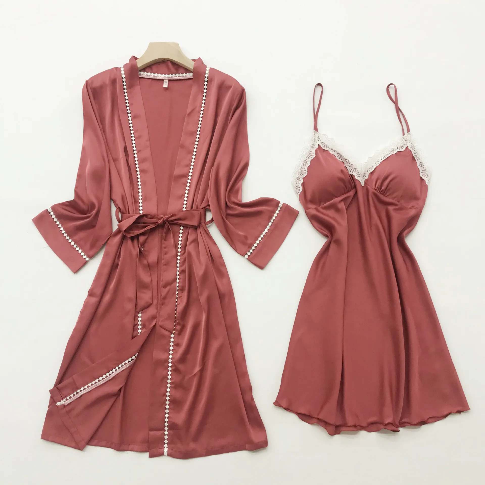 Spring Summer New Bathrobe Gown Sleepwear Sexy Lace Kimono Robe Set Orange Women Nightwear Intimate Lingerie Casual Homewear