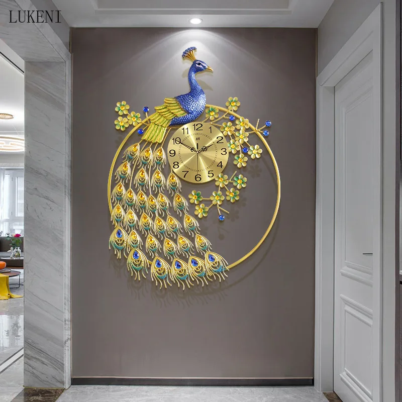 European Luxury Creative Large Size Metal Material Peacock Watch Clock Living Room Wall Clock Home Decoration Wall Sticker