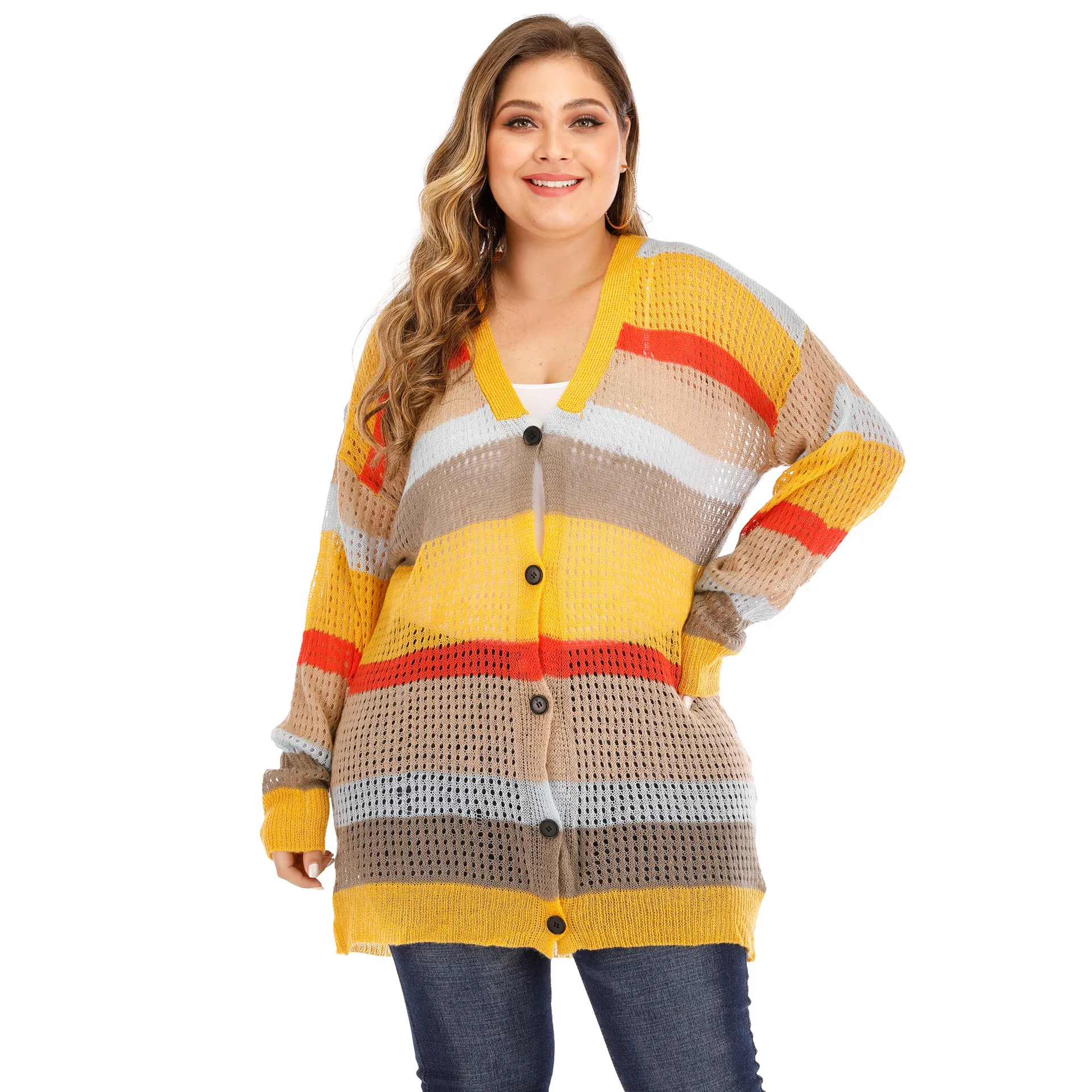 New Spring Autumn Plus Size Women Clothing Knit Sweater Large Long Sleeve Loose V-neck Yellow Thin Cardigan Coat 4XL 5XL 6XL