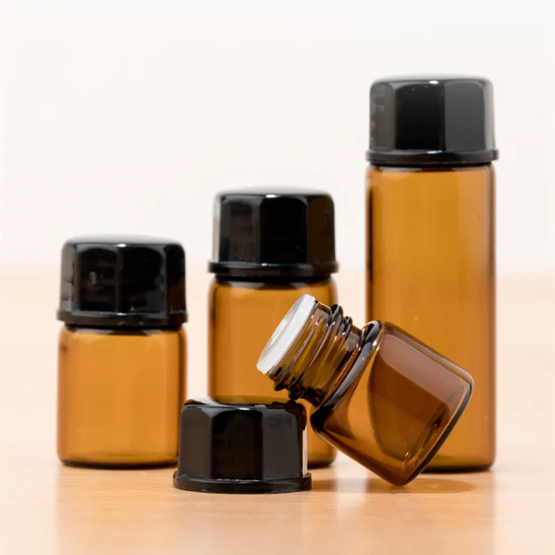100pcs 1ml 2ml 3ml 5ml Drams Amber Glass Bottle With Plastic Lid Insert Essential Oil Glass Vials Perfume Sample Test Bottle