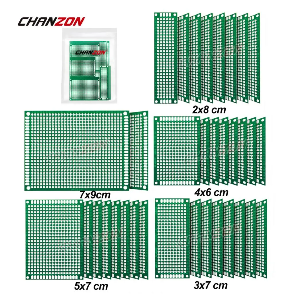 34 Pcs ( 2X8 3X7 4X6 5X7 7x9 cm ) Double Sided Printed Universal Circuit PCB Board Tinned Prototype Kit FR4 Perfboard Assortment