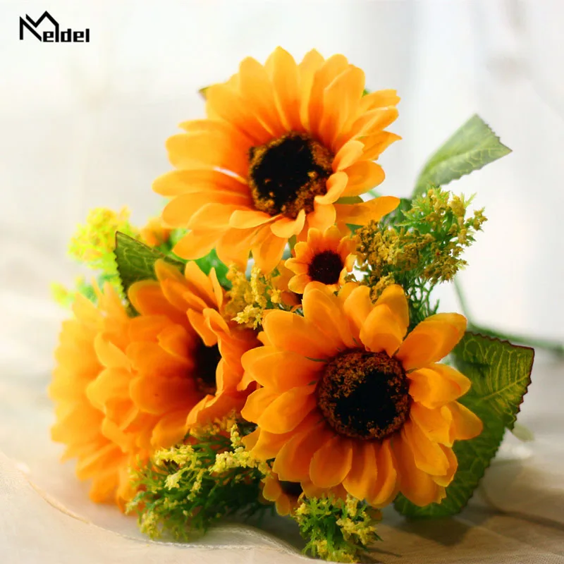 Meldel 7 Branches Artificial Sunflower Silk Flowers Home Wedding Party Decor Artificial Flower Bunch Vase Table Decoration Flore