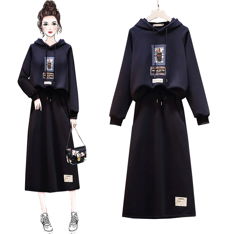 Sweatshirt Suit Women clothes  2022 Fall Winter Hoodies Female Loose Slim Sweatshirt Half-length Skirt Two Piece Set