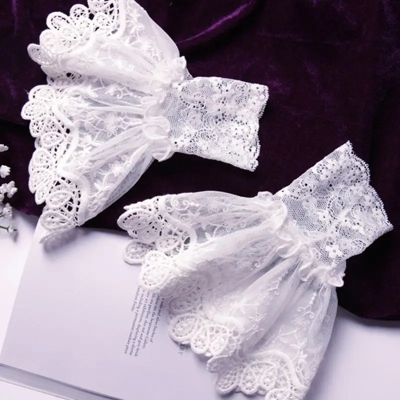 

Female Sweater Fake Sleeves Hollow Out Crochet Floral Lace Horn Cuffs Embroidery Flounces Ruffles Elastic Wrist Warmers