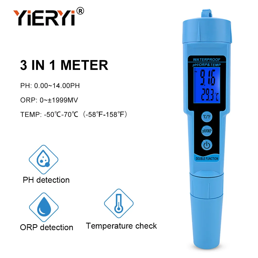 yieryi Professional 3 in 1 pH ORP TEMP Meter Water Detector Multi-parameter Digital Tri-Meter Water Quality Monitor Tester