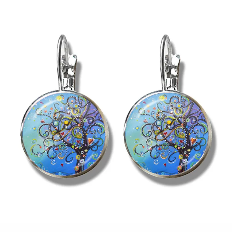 2021 New Colorful Tree of Life Silver Color Earrings Fashion France Earrings for Women EarHook Life Tree Glass Dome Jewelry Gift