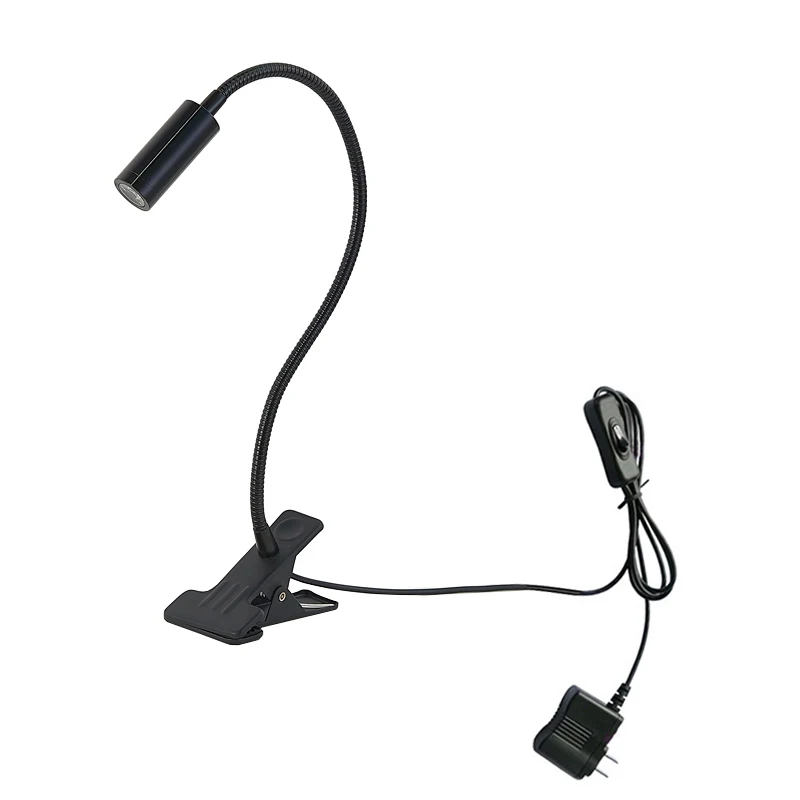 3W LED Desk Clamp Clip Picture Lamp Flexible Pipe Reading Light  ON/OFF Button Bedroom Home Office Cabinet Store Black Shell