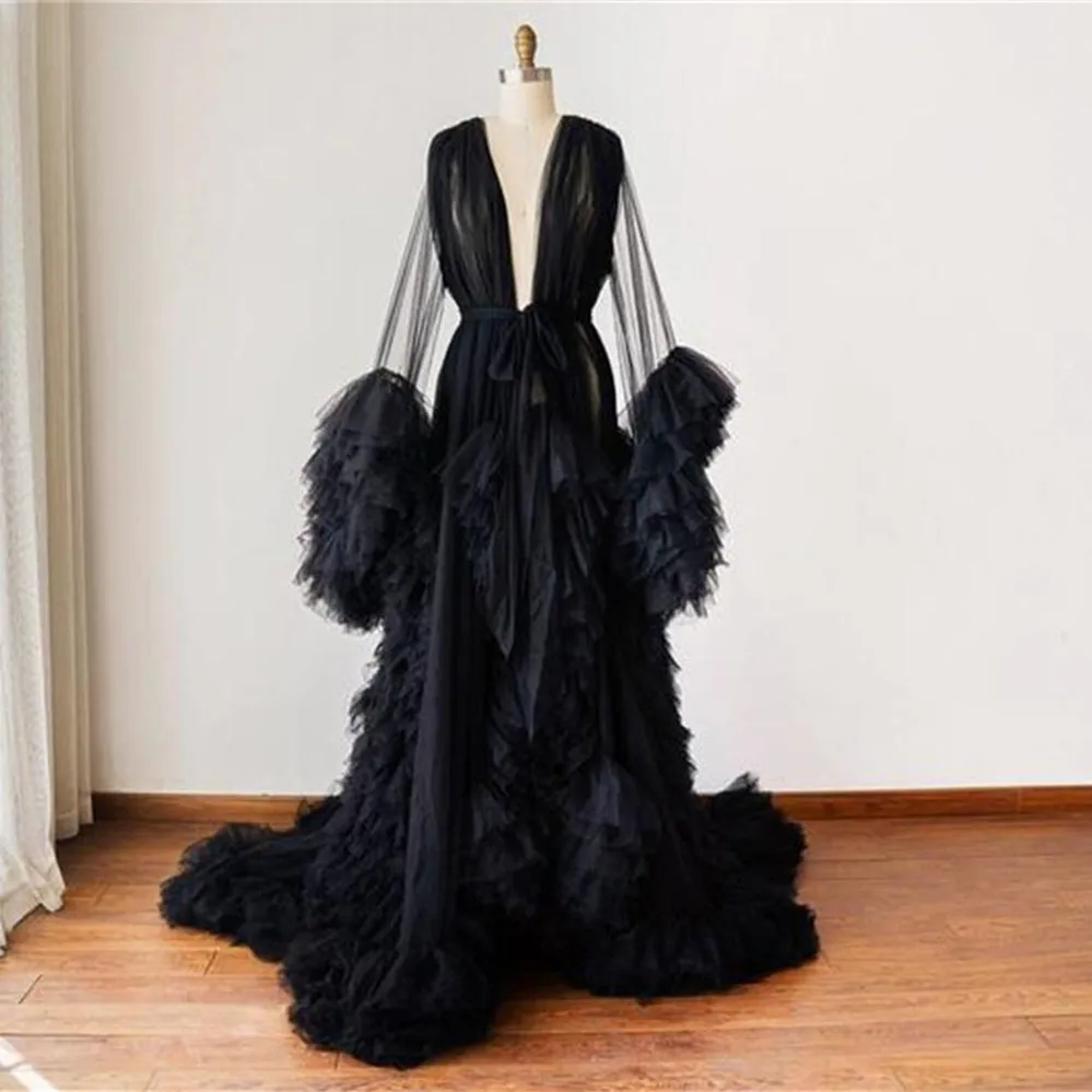 

Unique Evening Dresses Ruffled Tulle Robe Pregnant Women's See Through Maternity Dress Photo Shoot Prom Gowns Robes Custom Made