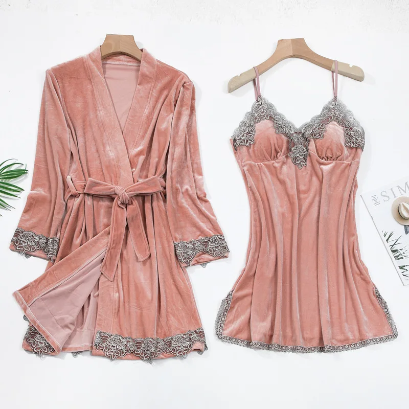 Spring Autumn Velour Sleepwear Soft 2PCS Nighty&Robe Suit Casual Nightwear Nightgown Velvet Kimono Bathrobe Gown Nightdress