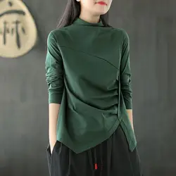 Tunics Women Turtleneck Vintage T Shirt 100% Cotton Basic Tshirt Ladies Long Sleeve Tops Casual Office Irregular Solid Color