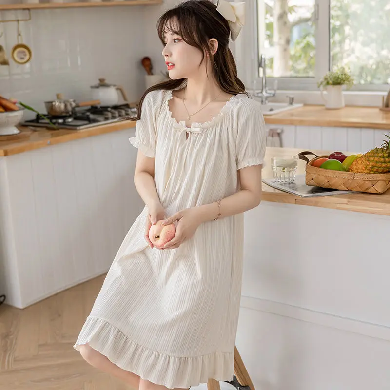 Women Simple Sleepshirts Solid Loose Ruffles Bandage Short Sleeve Females Nightgowns Cozy Sweet Girls Teenagers Breathable Chic