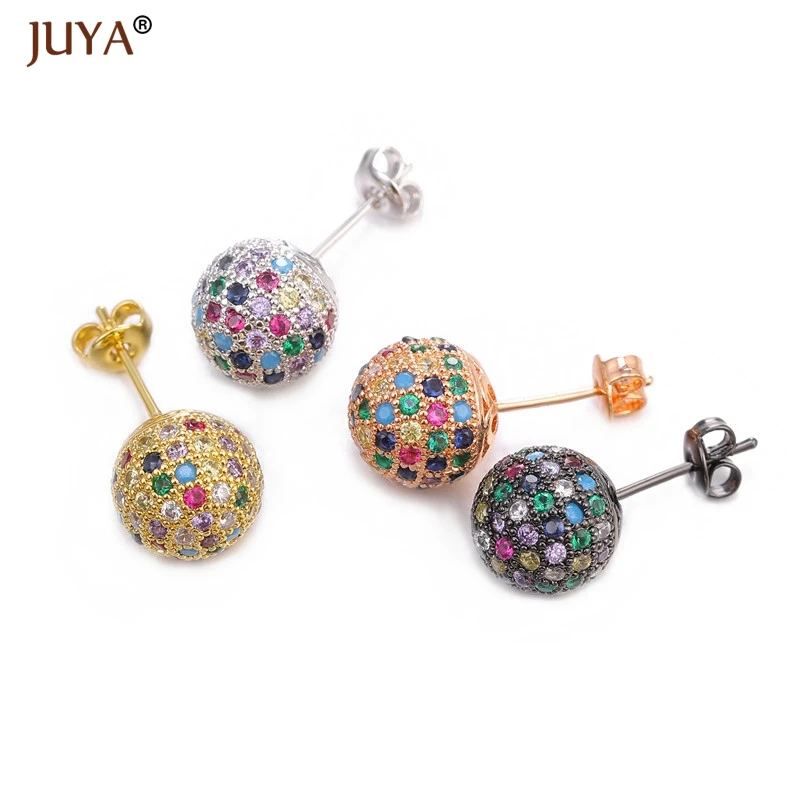 JUYA Gold Rose Gold Black Color 6mm 8mm 10mm Round Ball Zircon Rhinestone Stud Earrings Women Girls Fashion Jewelry