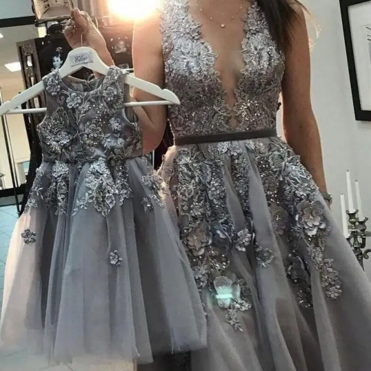 Mother Daughter Celebration Dresses Birthday Party Dresses Gray Color Gray Floral Lace Beading Celebration Mother Daughter Dress