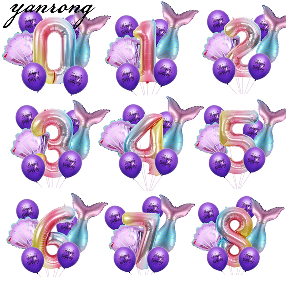 

10PC Mermaid Purple Number Latex printing Balloons Wedding House aluminum foil Party Baby Shower Happy Birthday Decorations