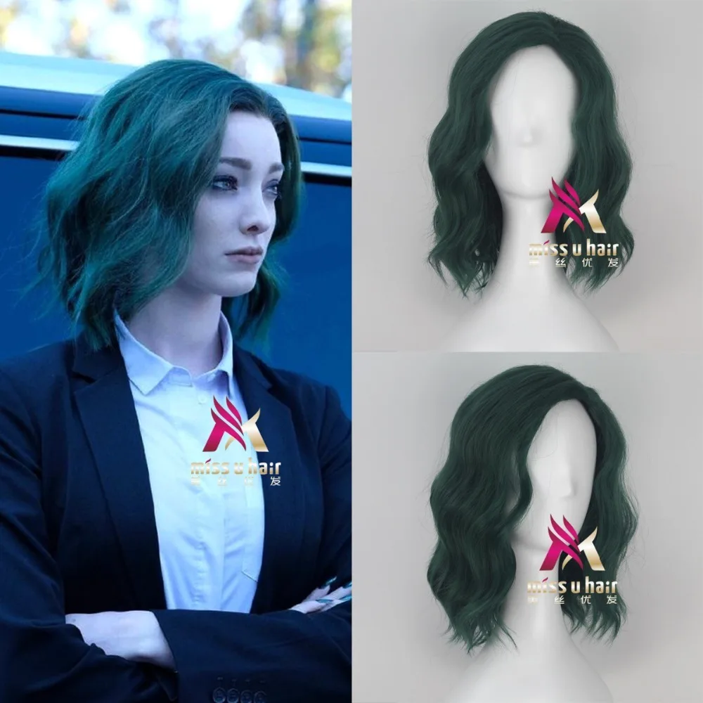 The Gifted Lorna Dane Polaris Cosplay Wig for Women Short Curly Wavy Costume Party Heat Resistant Synthetic Hair Green+wig cap