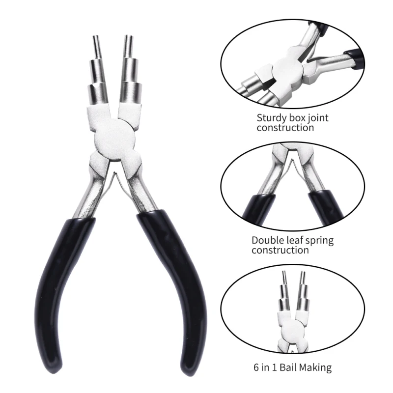 6-in-1 Bail Making Pliers 45# Carbon Steel 6-Step Multi-Size Wire Looping Forming Pliers Loop Size: 3mm/4mm/6mm/7mm/8.5mm/9.5mm