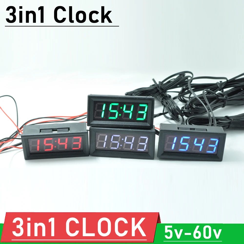 

3in1 Electronic Clock + voltmeter + Dual temperature 0.56 LED display Digital clock Voltage TEMP sensor DIY 12V 24V 36v 48v CAR