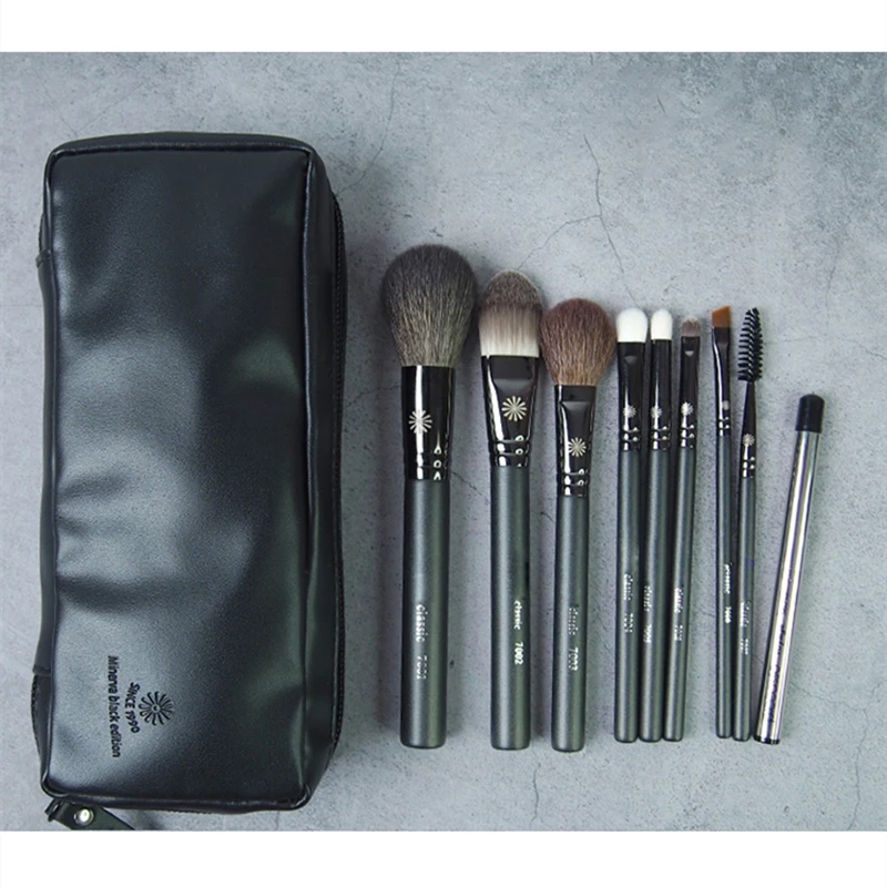 Korean Pony 9Pcs Makeup Brushes Set Professional Pearly Handle Natural Goat Hair Makeup Brush Kit With Leather Case Gift