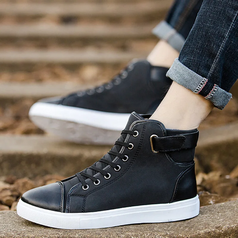 

2023 New Fashion Men Casual High Top Sneakers Shoes Oxfords Leather Shoes Lace-up Autumn Winter Motorcycle Boots Breathable