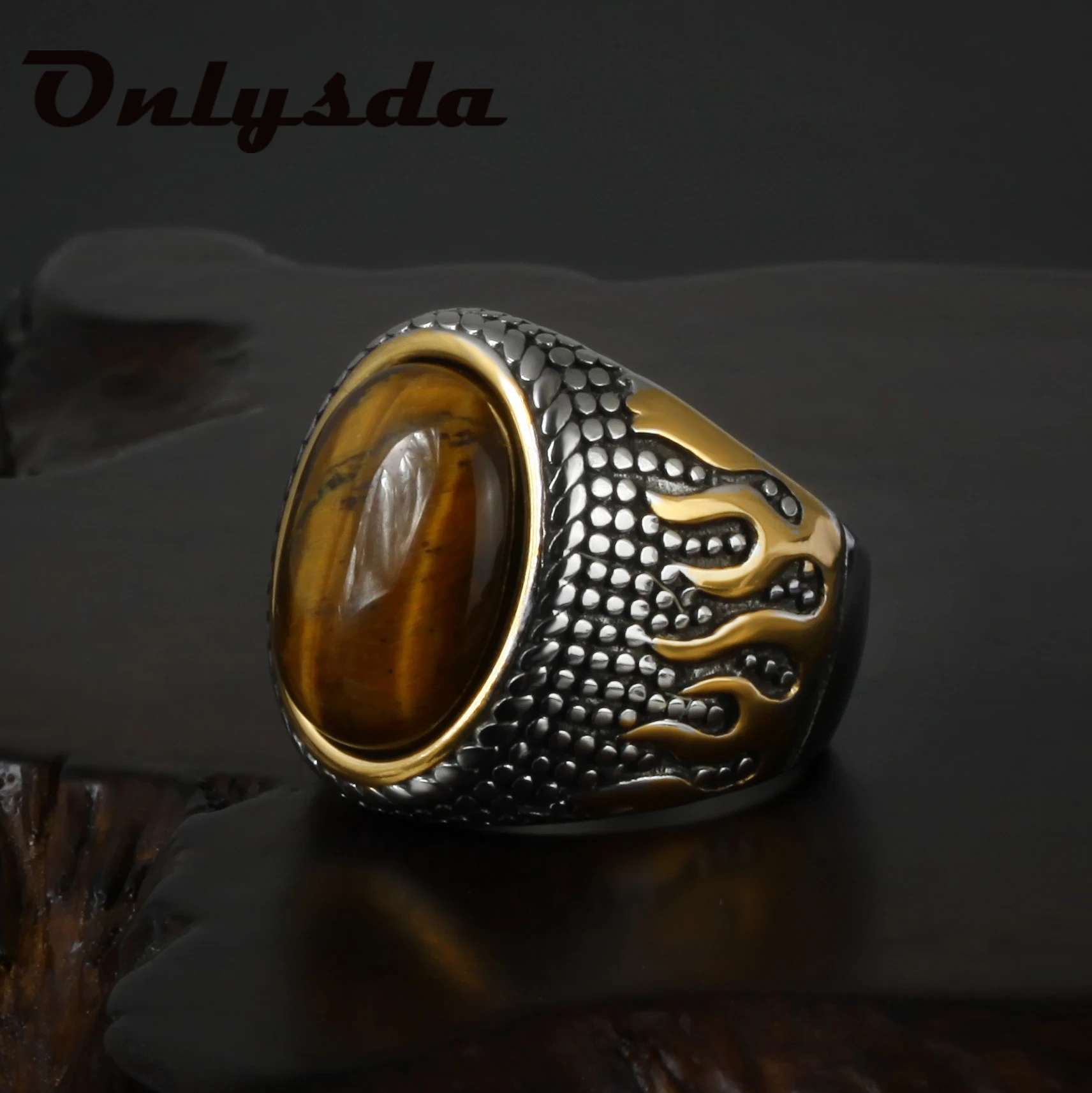 Onlysda Fashion Flower Band Oval Natural Man Ring With Stone For Women Vintage Look Antique Silver Color Men Jewelry Party Gifts