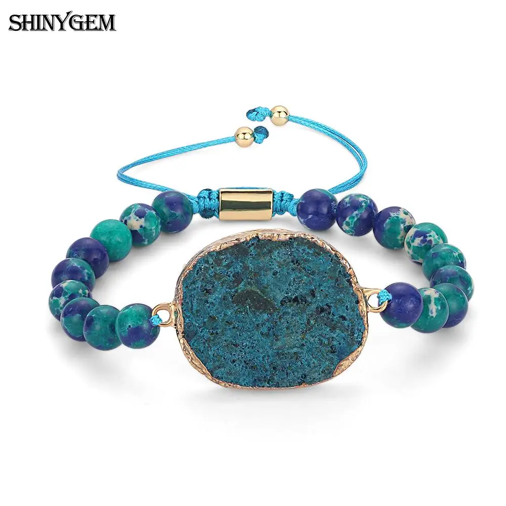 

Charm Bohemian Natural Semi-Precious Gem Bangles 4mm Gold Plating Chain / 8mm Imperial Jasper Beads Bracelets For Women Wedding