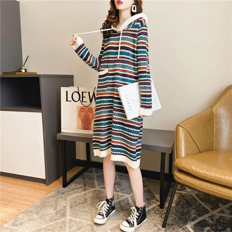 Women Vintage Gothic Style Striped Midi Knitted Dress Female Casual Loose Hooded Pullovers Sweater Shirt Dresses