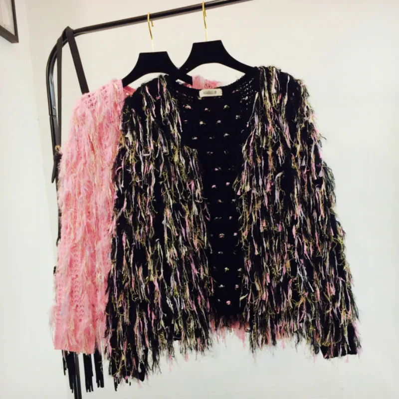 

Sweet Knitted Cardigan Rainbow Color Tassels Hollow Sweater Coat V-Neck Long Sleeved Loose Jacket Fringed Tops