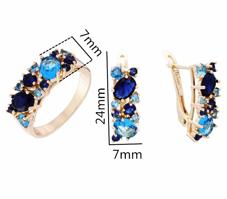 Fashion New Jewelry Set 585 Rose Gold Color Women Jewelry Luxury Blue Cubic Stone  Ring /Earring Jewelry Sets