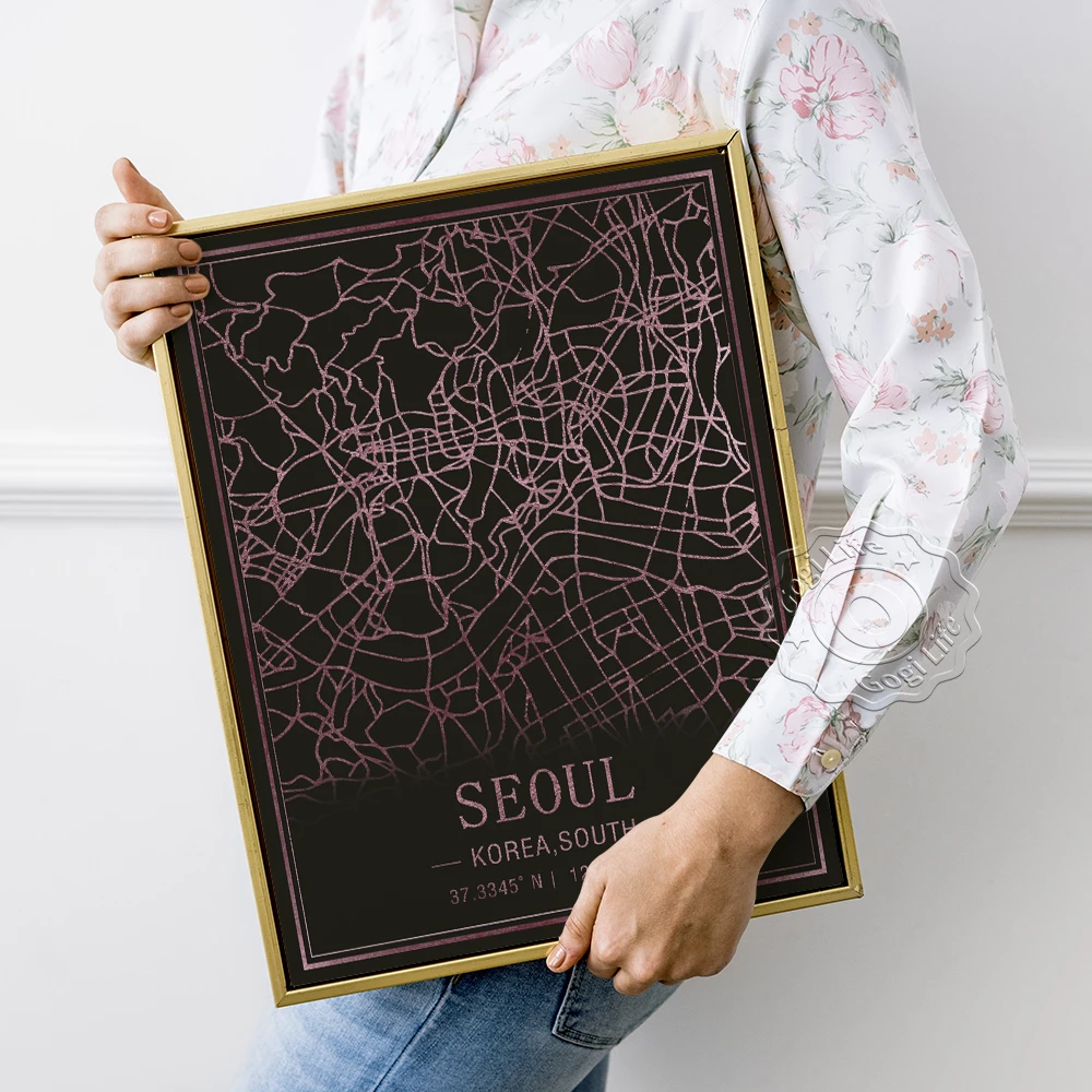 World Tourist City Attractions Map Poster, Seoul Korea South Creative Art Prints, Pink Fluorescent Lines Decorative Painting