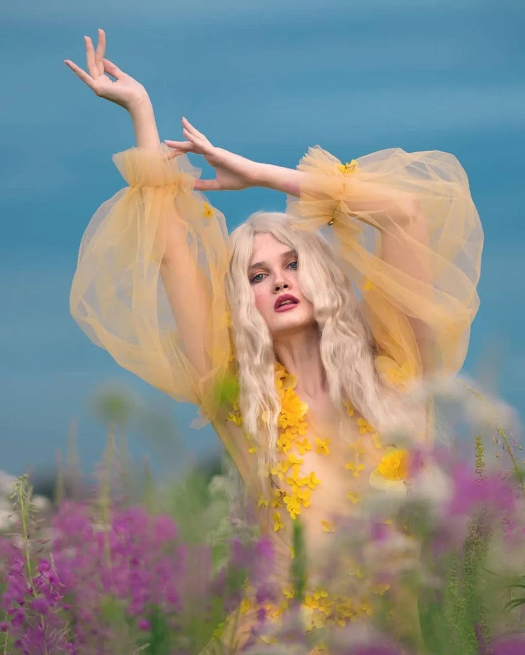 Yellow Tulle Prom Dress With 3D Flowers Floral Print Dress See-Through Sexy High Side Silt Dress With Train Photo Shoot Dresses