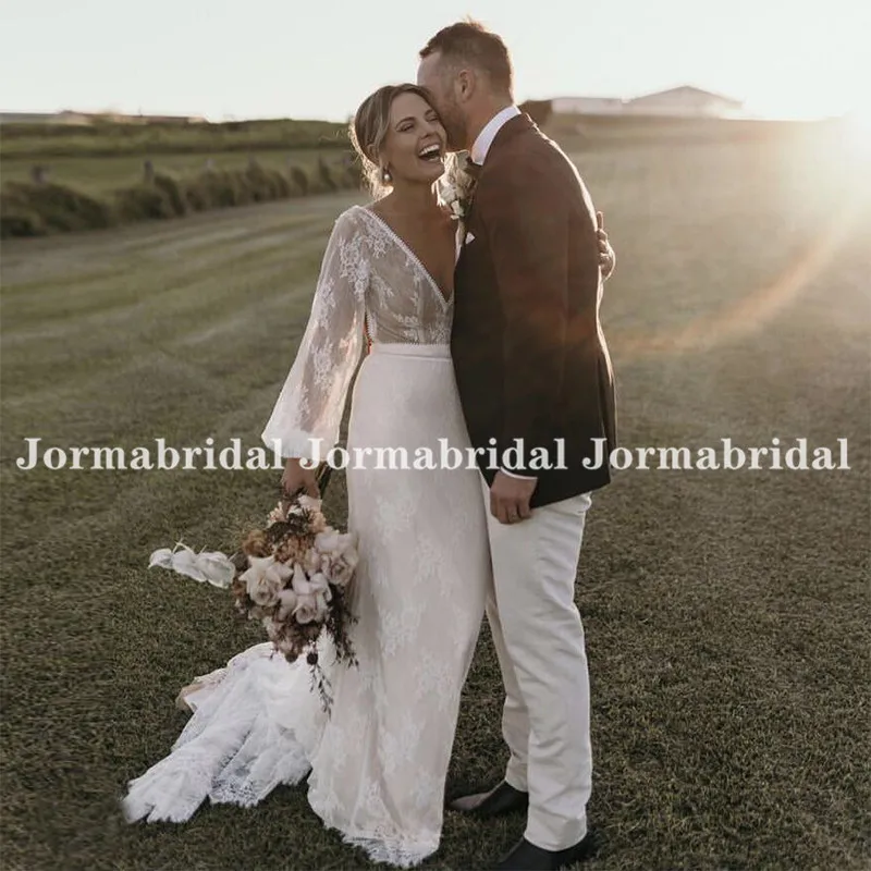 Boêmio rendas vestidos de casamento elegante com decote em v boho vestidos de casamento praia vestido de noiva puff mangas compridas aberto voltar vestido novia