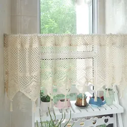 Thread Crocheted Hollow Curtains for Living Room, Tassel, Short Window Curtains for Kitchen, Home Decor, Beige, Cafe Curtain