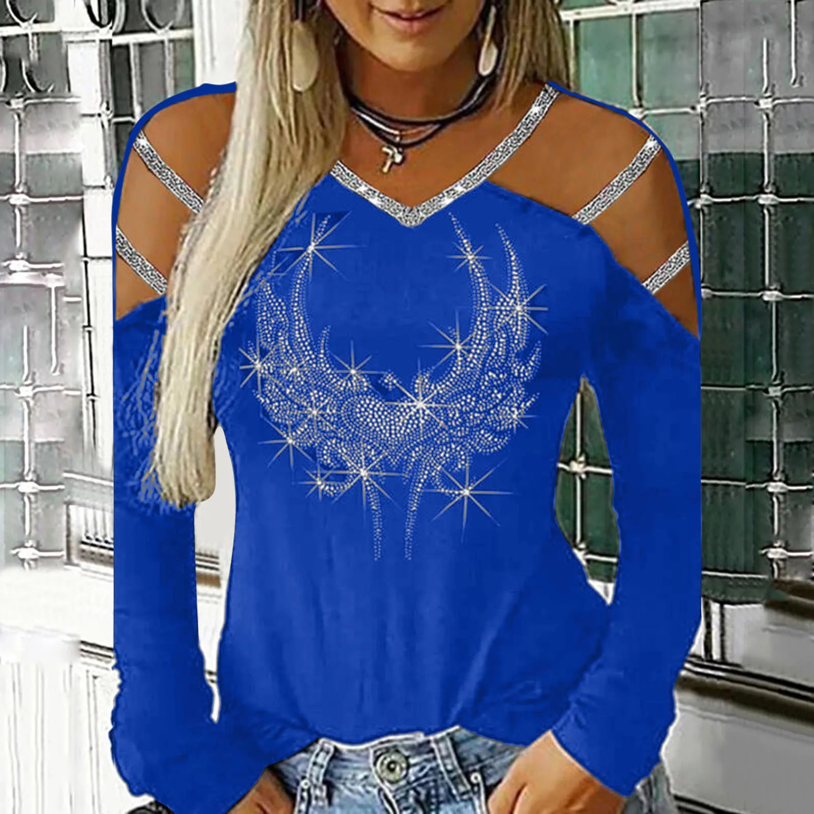 Blusa con diamantes de imitación ostentosos a la moda, camiseta con hombros descubiertos, camiseta informal de Otoño Invierno para mujer, Blusas de