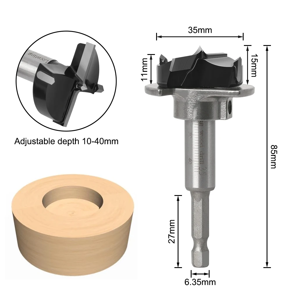 1pcHexagonal shank 35mm Adjustable Carbide Drill Bits Hinge Hole Opener Boring Bit Tipped Drilling Tool Woodworking Cutter