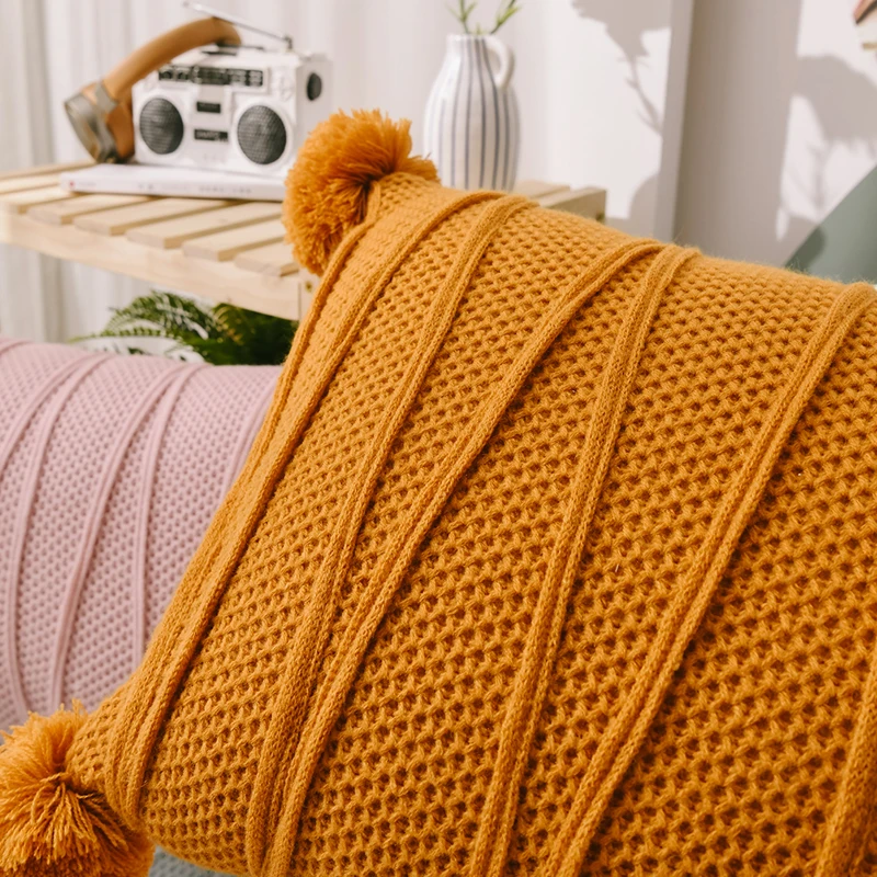Pompoms Cushion Cover Rectangle Pink Blue Orange Pillow Case 35*55cm Soft Knit Home decoration Pillow Cover for Living room Sofa