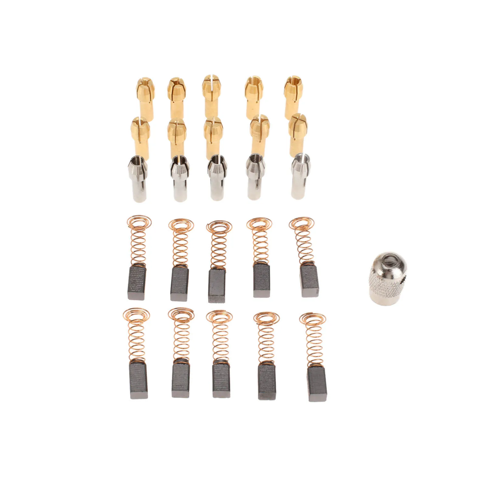 10Pcs 0.5mm-3.2mm Brass Dremel Collet Mini Drill Chucks + 5Pcs 3.2mm Silver Collets+10Pcs 9mm Carbon Motor Brushes+1Pc Screw Cap