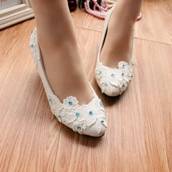 White high-heeled bridal shoes Blue rhinestones decorative wedding shoes Simple fashion soft leather shoes for women party