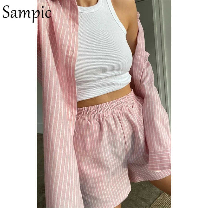 Sampic Loung Wear Tracksuit Women Shorts Set Stripe Long Sleeve Shirt Tops And Waist Loose High Mini Shorts Two Piece Sets 2021