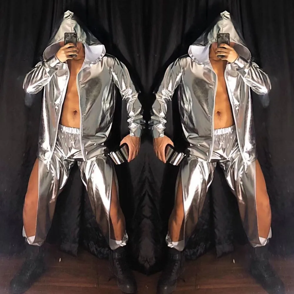 Bar Men Singer Dancer Hip Hop Performance 2 Piece Silver PU Leather Hooded Jacket Hollow Out Pant Set Stage Street Dance Costume