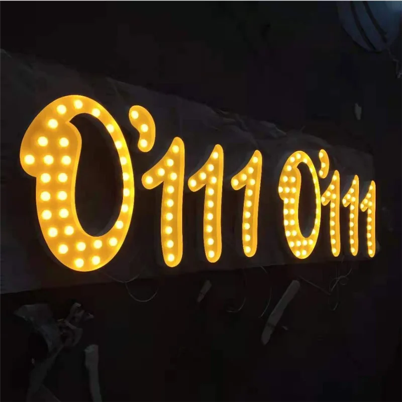 Outdoor front lit metal LED bulbs letters store sign, LED lamps shop name signs, rusty iron finish LED lights alphabet signages