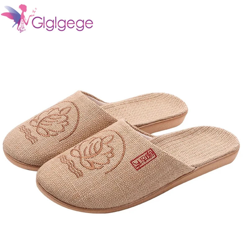 Glglgege New Women Breathable Flax Indoor Slippers Embroider Floral Linen Home Slip On Ladies Summer Non-Slip Fat Beach Shoes