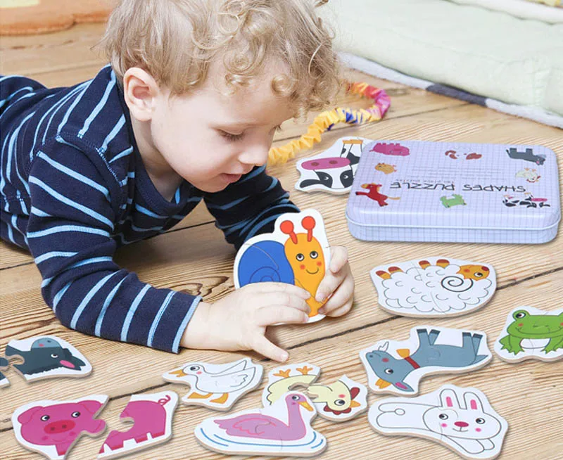 Rompecabezas de madera de escamas de gran tamaño para bebé, juego de rompecabezas de tarjetas con caja de Metal, Educación Temprana, Animal, fruta,