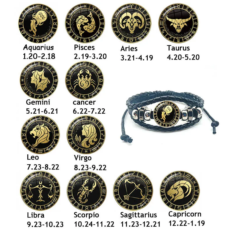 Pulsera de piel multicapa de cristal para hombre y mujer, pulsera de piel con diseño de constelación de Escorpio, Sagitario, Leo, cúpula de cristal, regalo de cumpleaños del zodiaco