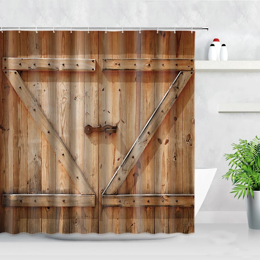 Retro Rustic Wood Doors Shower Curtains Vintage Farm Barn Old Door Home Decor Waterproof Polyester Fabric Bathroom Curtain Set