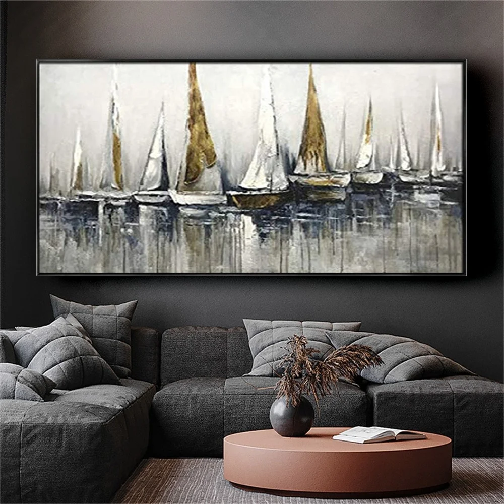 Dark Gray Canvas Poster Bar Decor Picture Vintage Mural Hand-painted Oil Paintings Abstract Seascape And Sailboat Salon Wall Art